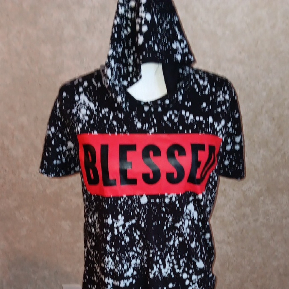Black and White Splatter Hoodie with Red 'Blessed' Graphic